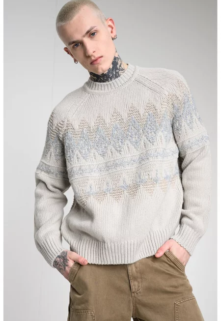 Плетен пуловер с овално деколте - Светло сив/Светло бежово