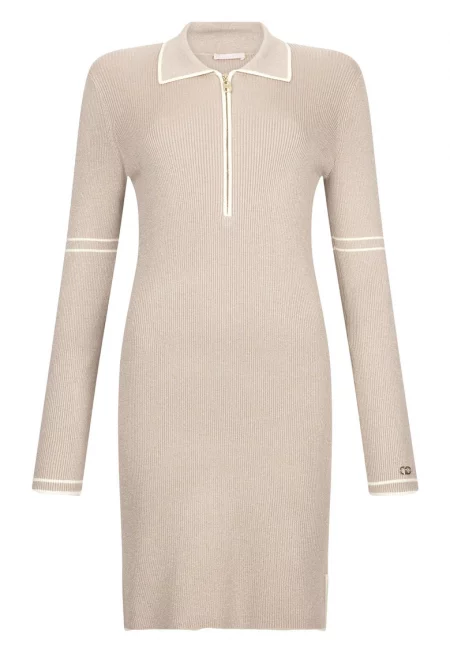 Плетена бляскава рокля с яка - Бежов