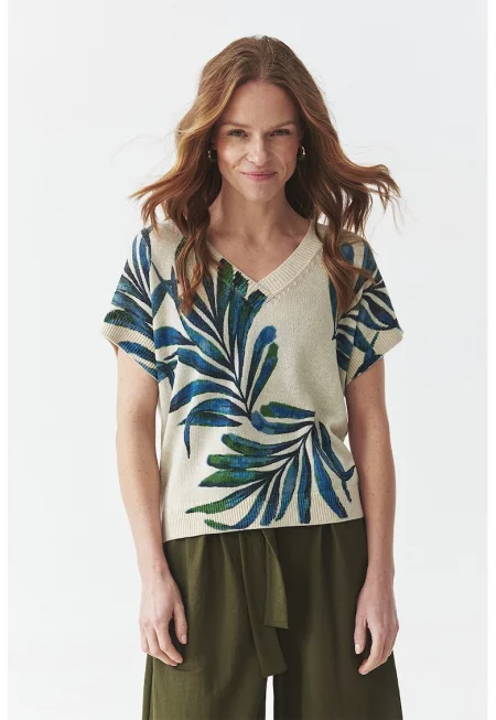 Плетена шпиц тениска с шарка - Зелен/Бежов