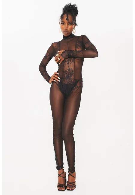 Полупрозрачно боди с дантела - Черен