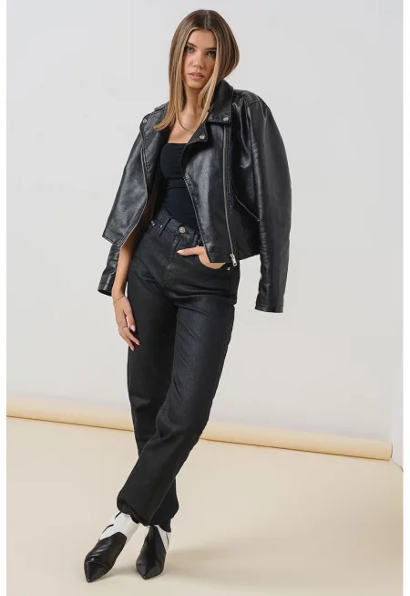 Прави дънки с висока талия - Черен