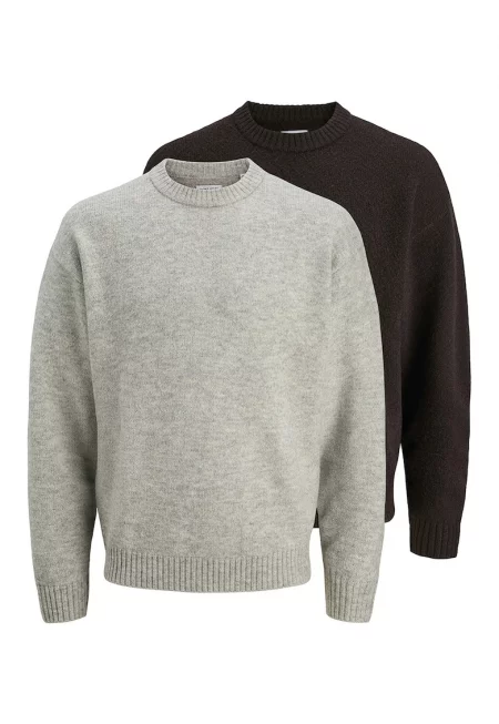 Пуловер с овално деколте - 2 части - Светлосив меланж