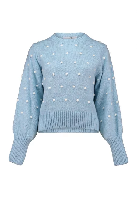 Пуловер с овално деколте и релеф - Светлосин