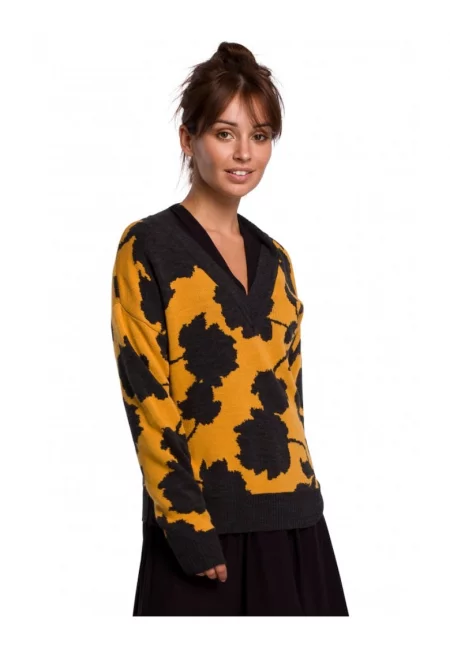 Пуловер с V-образно деколте и флорален принт - акрил - жълто/черно