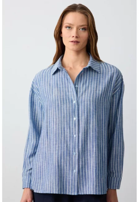 Раирана риза с лен - Бял/Син