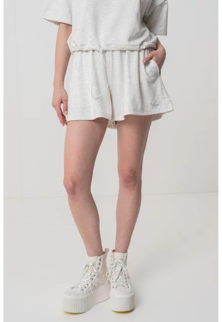 Разкроен къс панталон с връзка - Светлосив меланж
