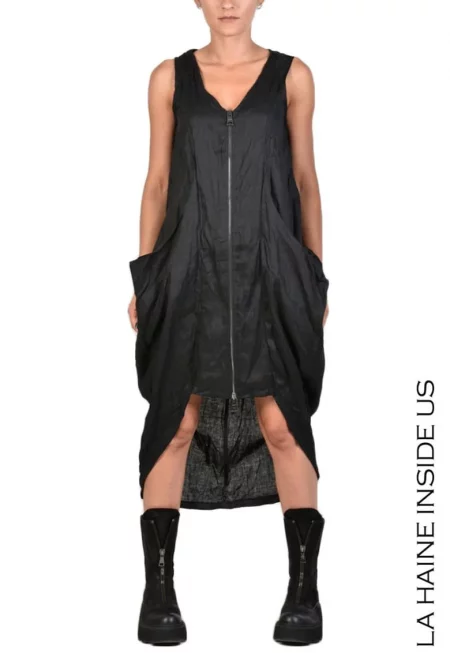 Разкроена асиметрична рокля-елек - закопчаване с двоен цип - Черен