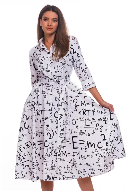 Разкроена рокля-риза с колан - Избеляло черно/Бял