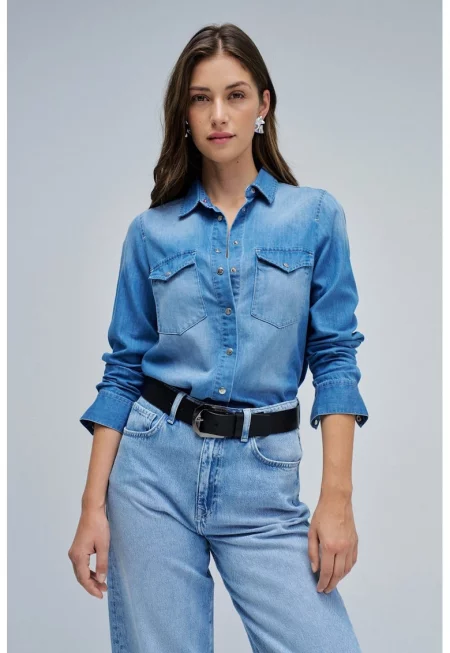 Риза от памук и лиосел с джобове с капаче - Син меланж