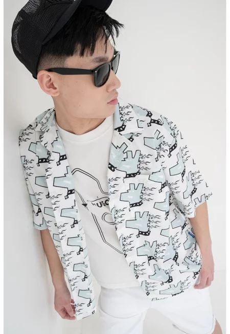 Риза от памук с къси ръкави - Бял/Черен/Аквамарин синьо