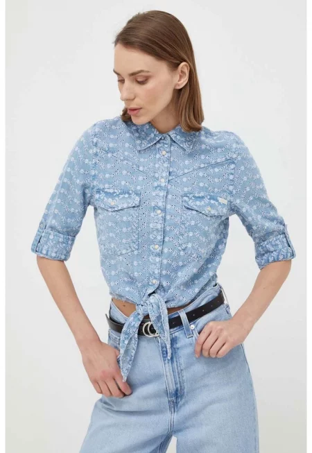 Риза  с предно закопчаване и дантела Sangallo - Син