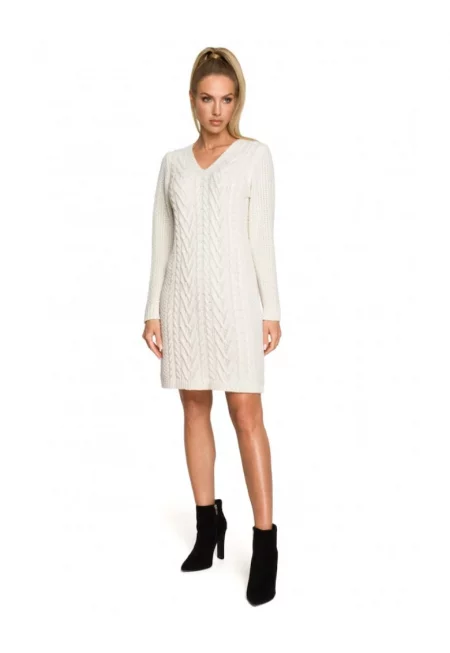 рокля-пуловер - V-образно деколте - акрил - екрю