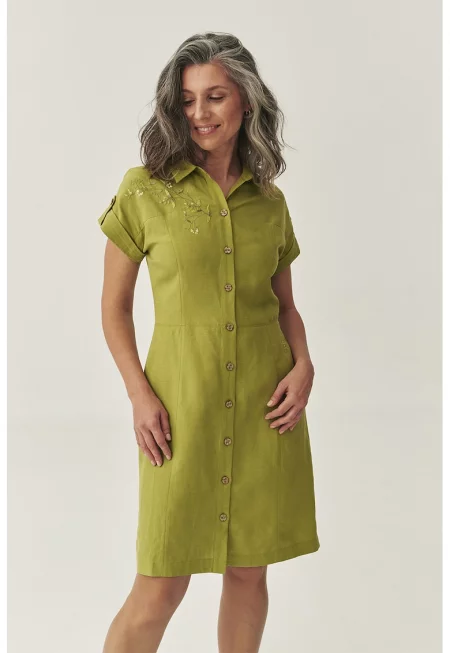 Рокля с флорални бродерии - Маслинено зелено