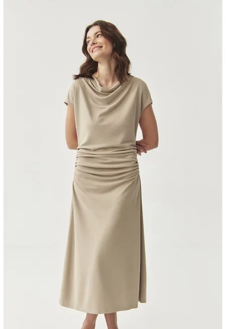 Рокля с модал с набиране - Светло бежово