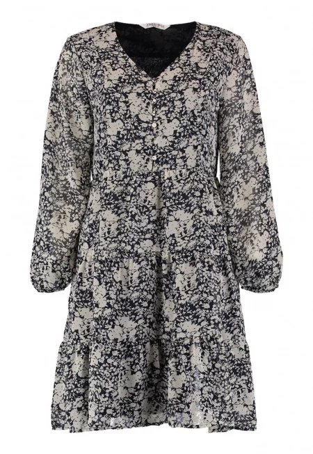 Шпиц рокля с флорална шарка - Мръснобял/Тъмносин