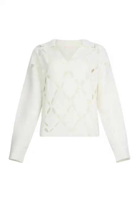 Свободен вълнен пуловер с отвори - Бял