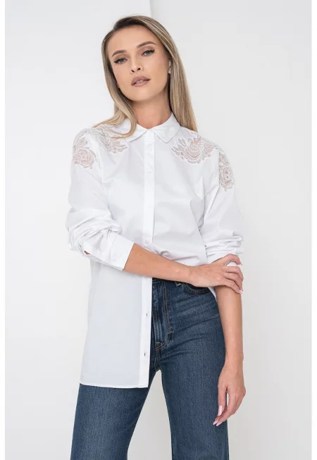 Свободна риза с дантела на раменете - Бял