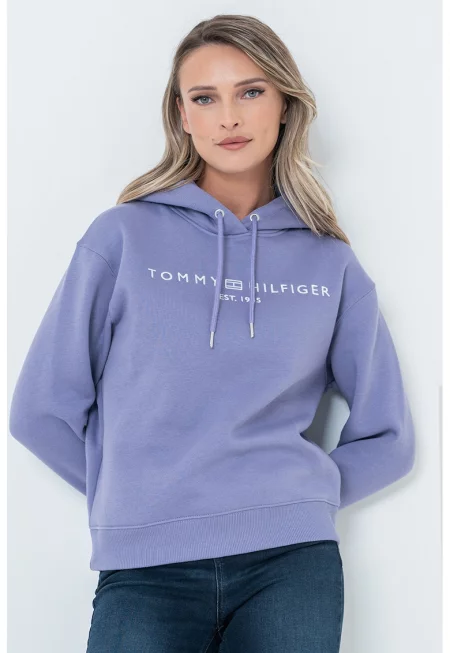 Свободно худи с връзка и бродирано лого - Лилав