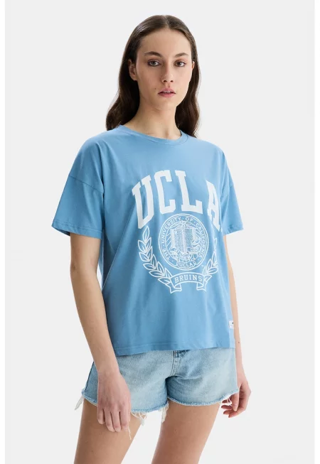 Тениска Avalon с лого и паднали ръкави - Бял/Светлосин