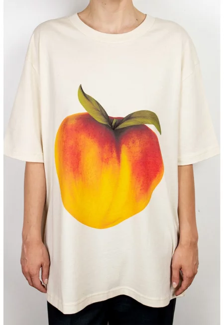 Тениска от органичен памук и щампа - Прасковено розово/Крем