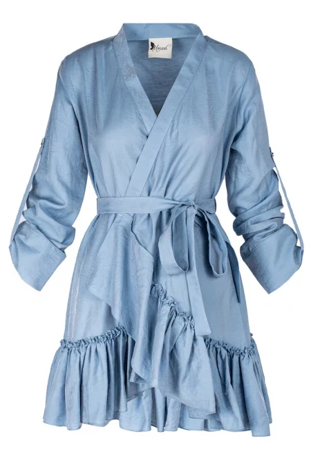 Wrap Dress With Ruffles & Wide Cuffs