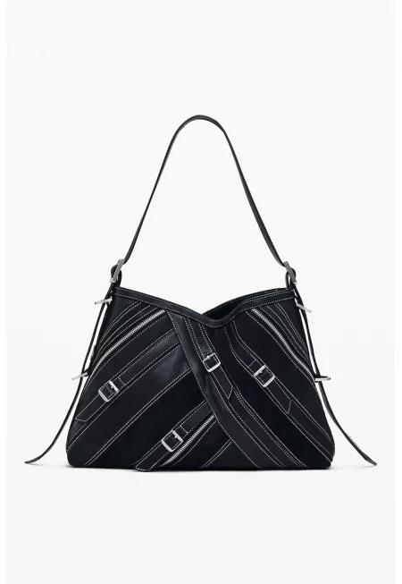 Чанта за рамо от еко кожа с контрастни шевове