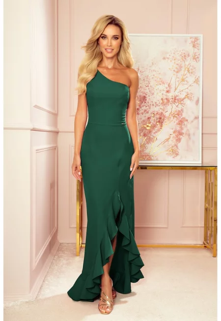 Дълга рокля  Испански тип - С едно рамо - Тъмнозелен