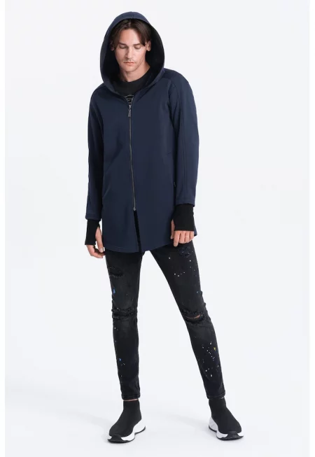 Дълго худи със скосени джобове - Тъмносин