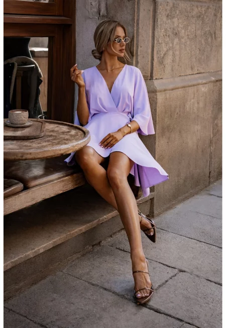 Дамска рокля - мини с разкроена долна част - полиестер - M черно