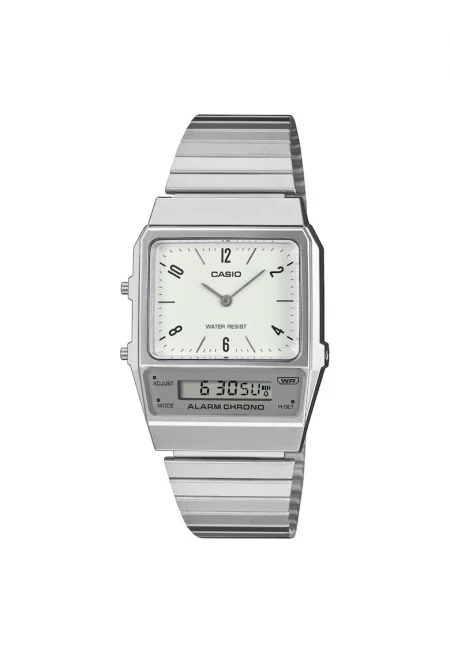 Дамски часовник  Vintage AQ-800E-7A2 - 32мм - сребрист - пластмасова каишка - функции: аларма - хронограф - дата - часови зони