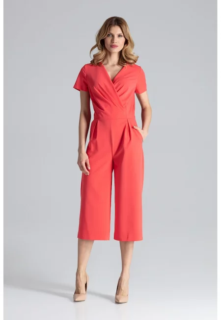 Дамски гащеризон -  розов - къс ръкав - широк крачол - 65% полиестер - 35% вискоза