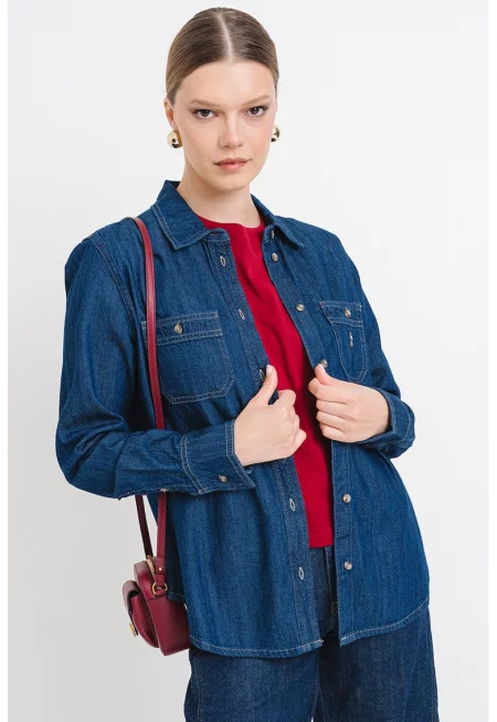 Дънкова риза с джоб на гърдите - Тъмносин