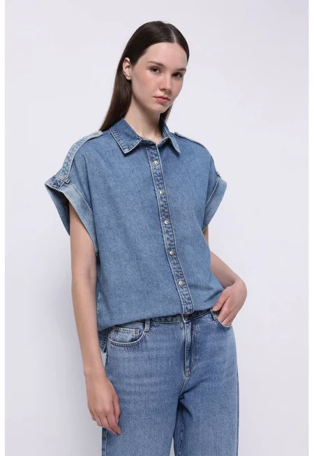 Дънкова риза с паднали ръкави