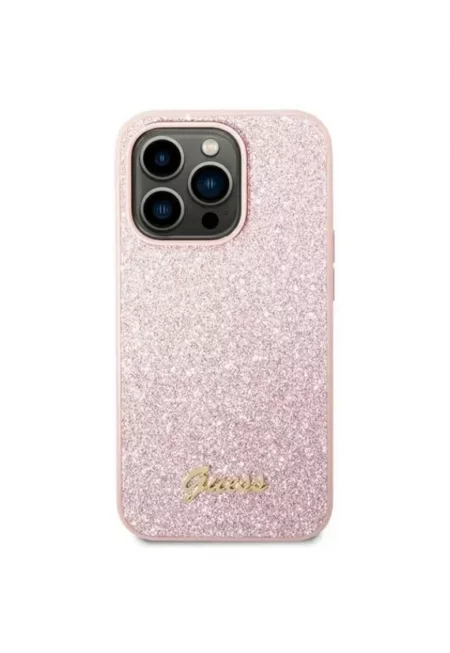 Калъф  PC/TPU Glitter Flakes Metal Logo - За iPhone 14 Pro - Розов