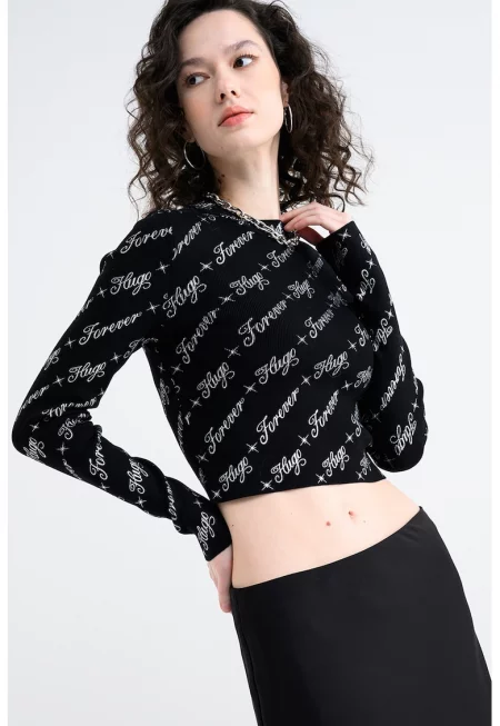 Къса блуза с лого - Черен/Сребрист