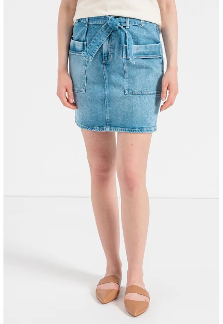 Къса дънкова пола с пришити джобове - Светлосин