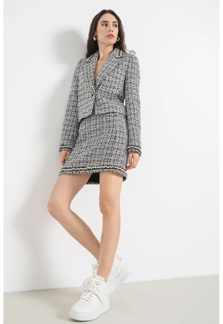 Къса пола от туид - Бял/Черен/Сребрист