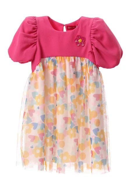 Комби рокля с бухнали ръкави - Фуксия/Синапено жълто