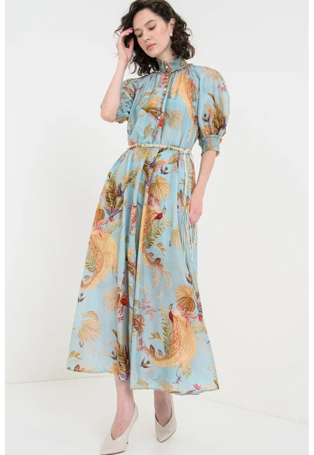 Копринена разкроена рокля - Аквамарин синьо/Корал/Светлозелен