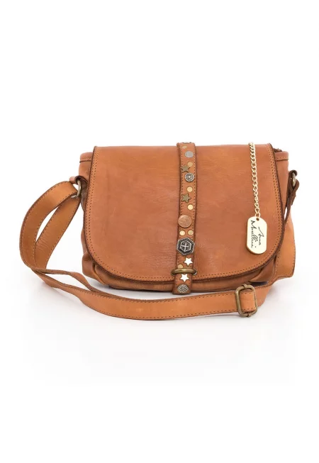 Кожена чанта през рамо Luigia с метални апликации - Кафяв