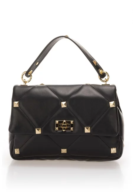 Кожена чанта с капси - Черен - 18 x 26 x 8 см