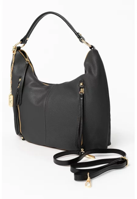 Кожена чанта с лого - Антрацитно сиво