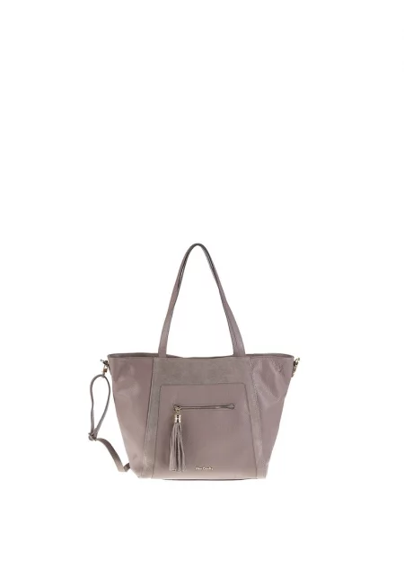 Кожена чанта за рамо с пискюли - Сиво-кафяв