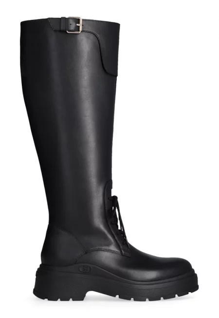 Кожени дълги ботуши с цип - Черен