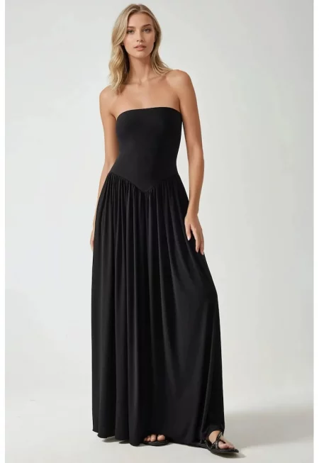 Макси рокля  без презрамки - черна - джърси - със скрити джобове