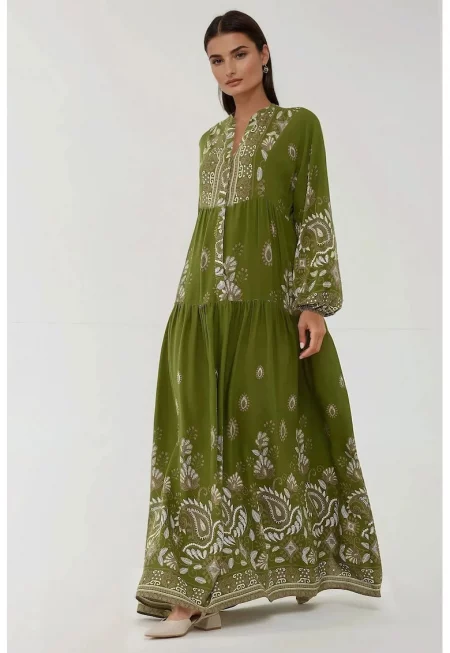 Макси рокля -  зелен/бял - вискоза