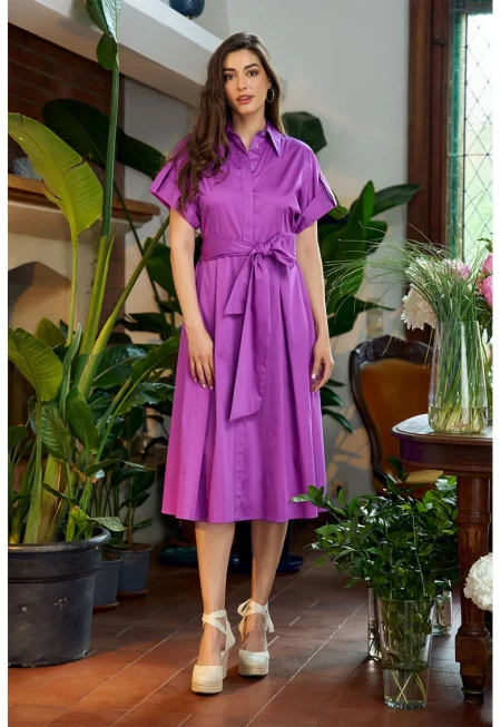 Миди рокля с къси ръкави и копчета - Светлорозов