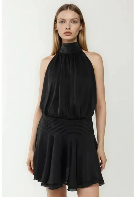 Мини рокля -  текстурирана с висока яка - черна - текстил