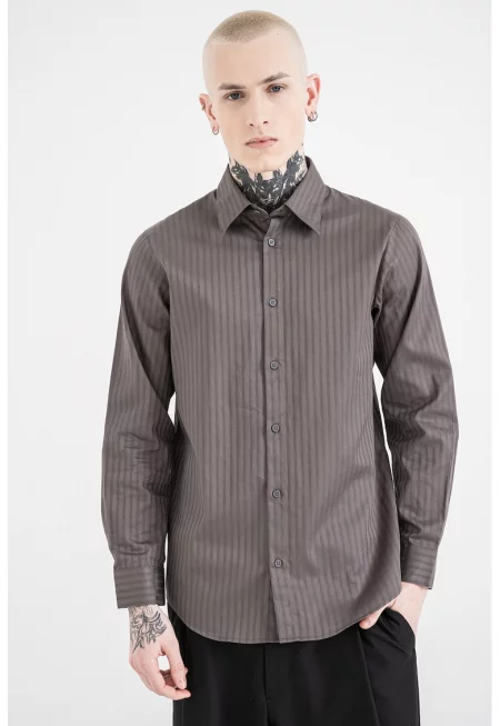 Памучна риза с райе и класическа яка - Tъмносив