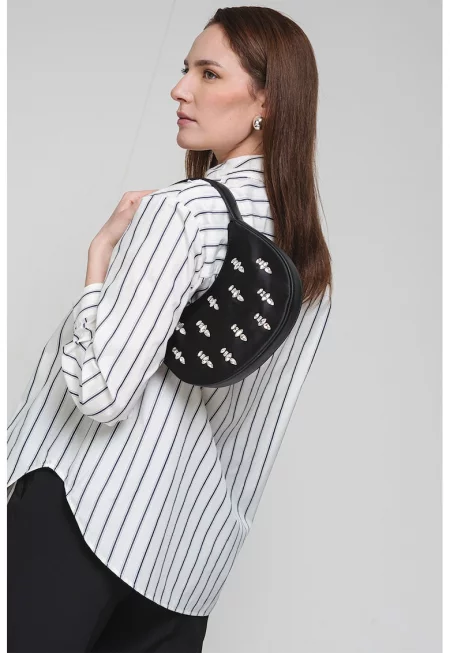 Памучна свободна риза на райе - Мръснобял/Тъмносин